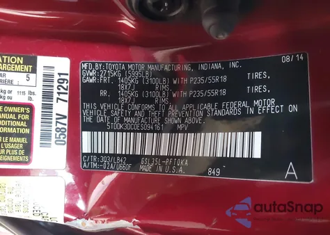 2014 Toyota Sienna Xle 7 Passenger z USA, uszkodzony, nr VIN 5TDDK3DC0ES094161